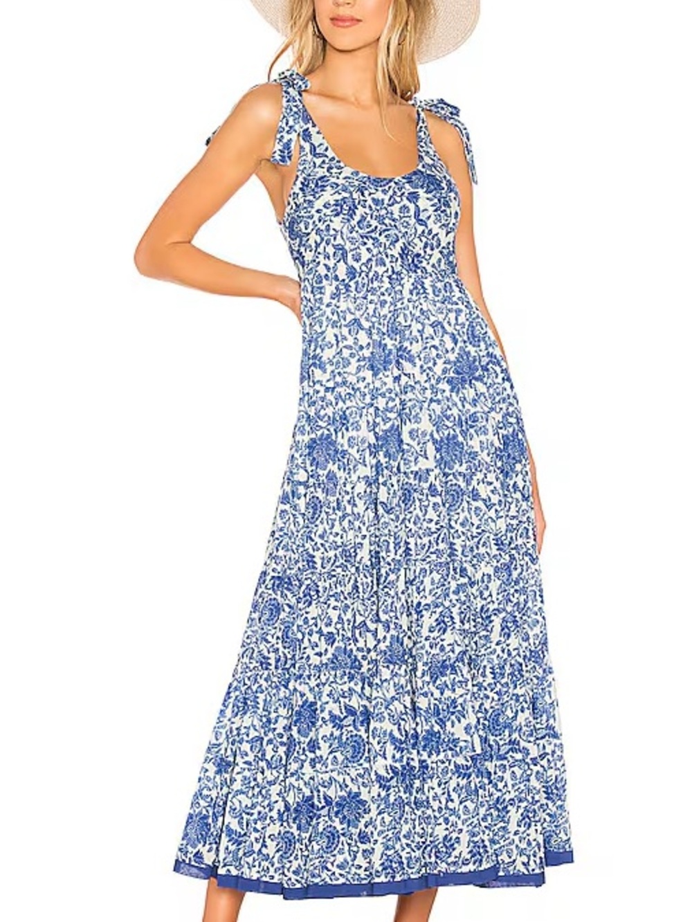 Free People Blue & White Floral Tie-Shoulder Maxi Dress
